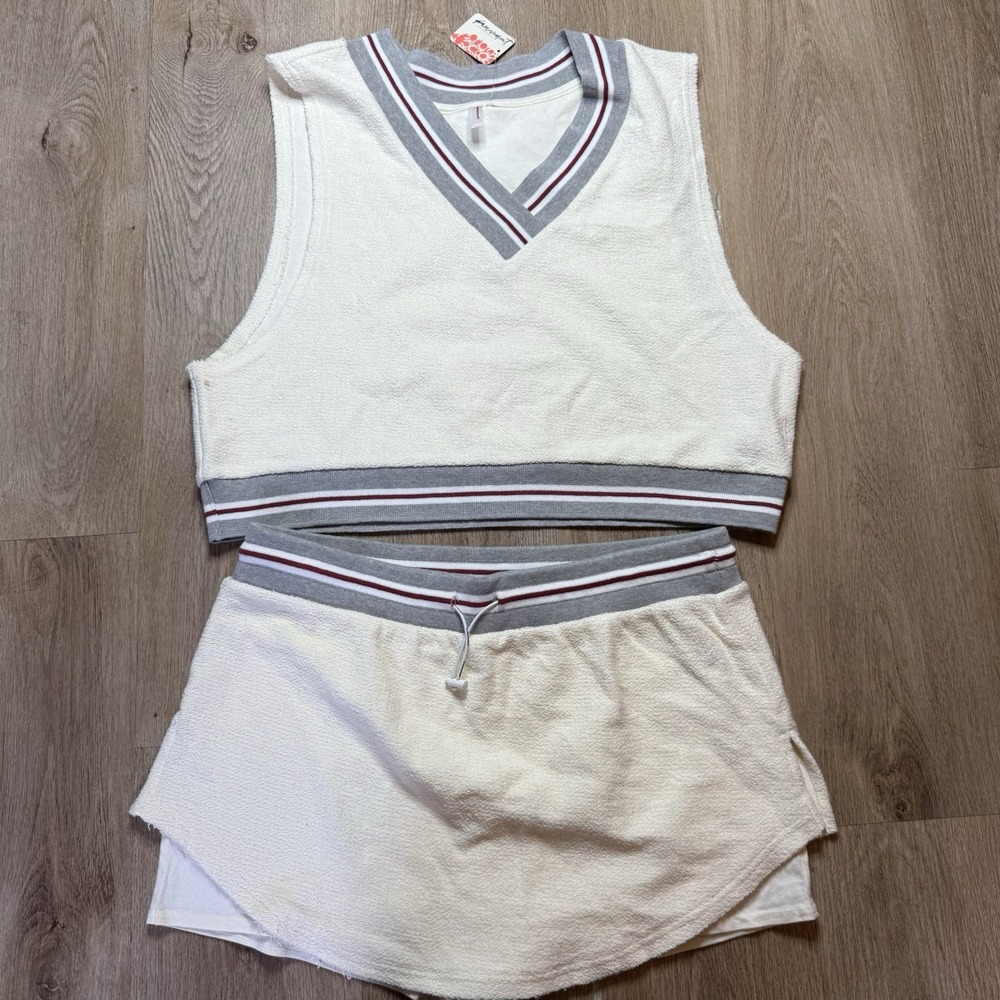 Free People FP Movement Match Point Set Ivory Varsity stripe XL top skort short